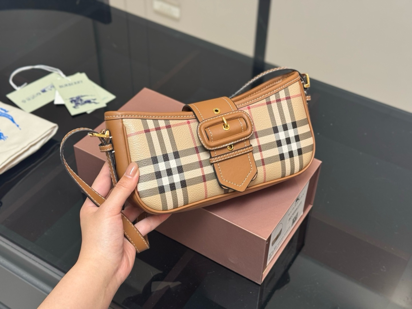 Burberry Check Plaid Women Baguette Underarm Bag